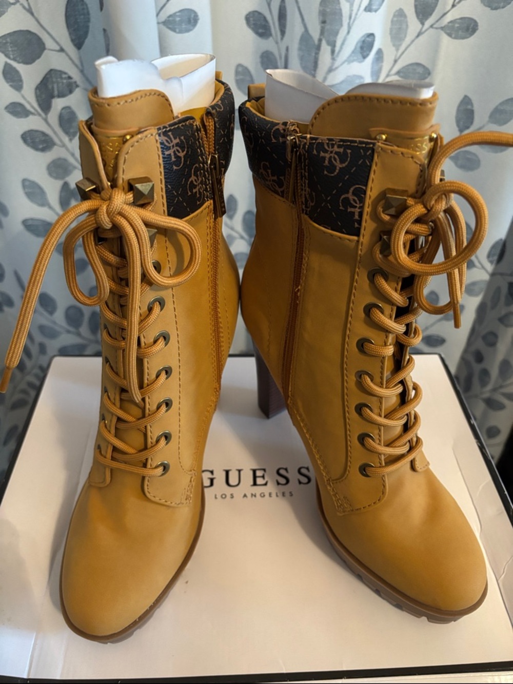 GUESS Lace-Up Heeled Ankle Boots with Monogram Cuff